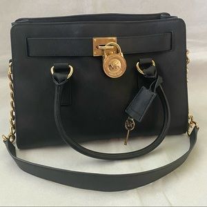 MICHAEL KORS LARGE HAMILTON BLACK GOLD LOCK SAFFIANO LEATHER SATCHEL BAG